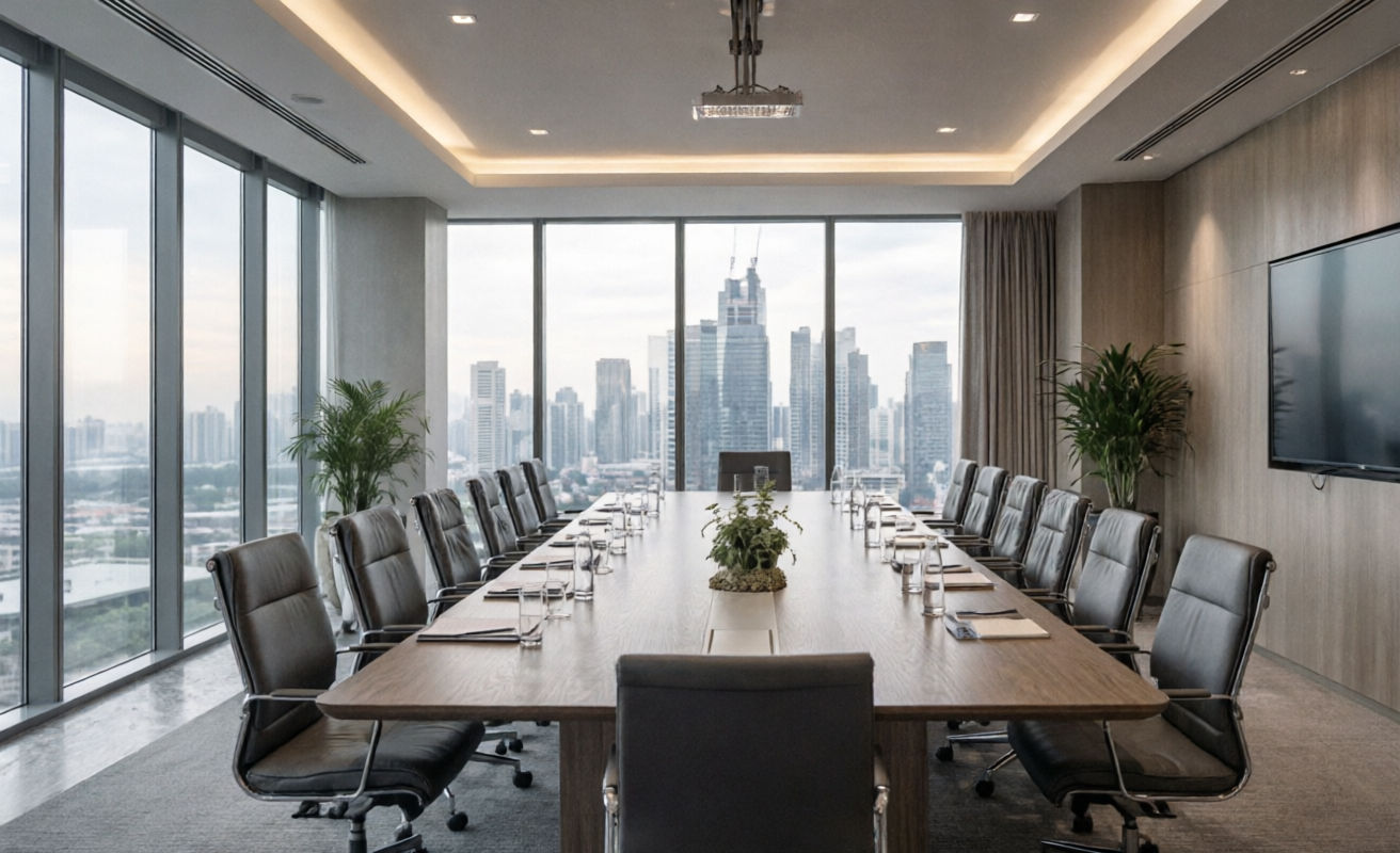 NAHVIQ executive leadership meeting in modern headquarters overlooking city skyline